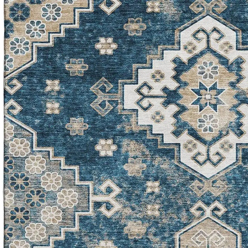 Navy Blue Ivory And Beige Medallion Washable Area Rug With UV Protection Photo 4
