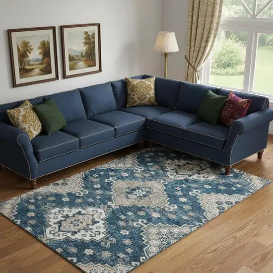 Navy Blue Ivory And Beige Medallion Washable Area Rug With UV Protection Photo 1