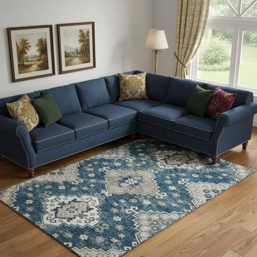 Navy Blue Ivory And Beige Medallion Washable Area Rug With UV Protection Photo 1