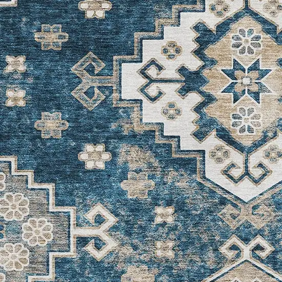 Navy Blue Ivory And Beige Medallion Washable Area Rug With UV Protection Photo 3