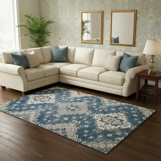 Navy Blue Ivory And Beige Medallion Washable Area Rug With UV Protection Photo 2