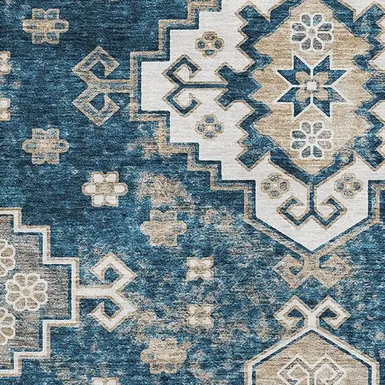 Navy Blue Ivory And Beige Medallion Washable Area Rug With UV Protection Photo 3