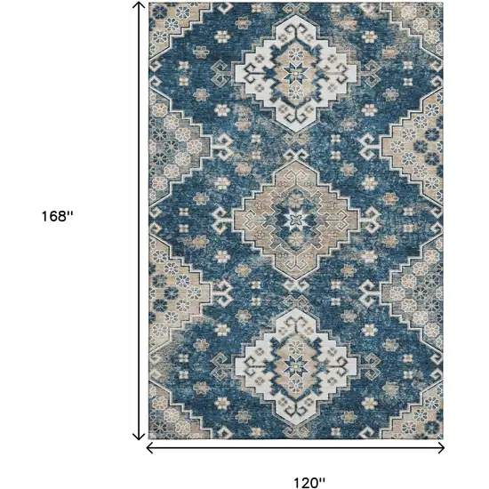 Navy Blue Ivory And Beige Medallion Washable Area Rug With UV Protection Photo 3