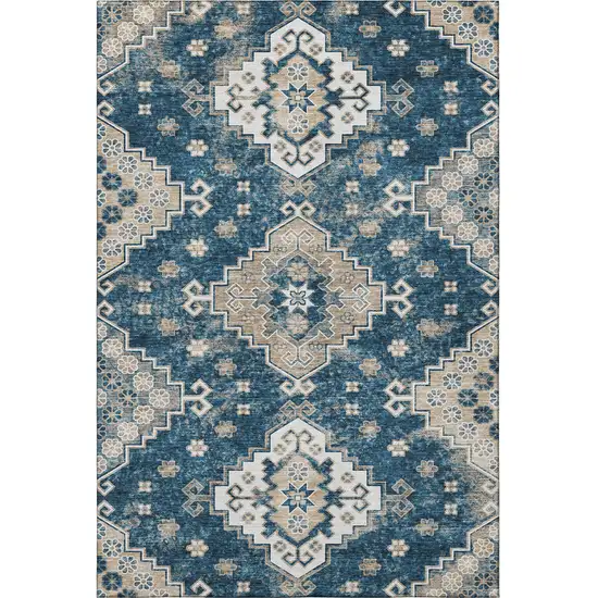 Navy Blue Ivory And Beige Medallion Washable Area Rug With UV Protection Photo 4