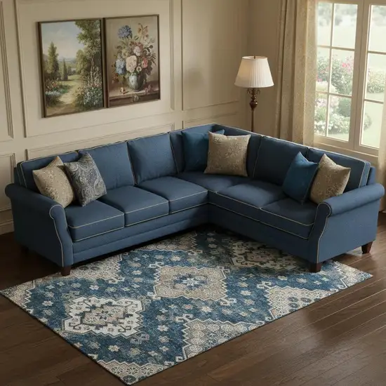 Navy Blue Ivory And Beige Medallion Washable Area Rug With UV Protection Photo 1