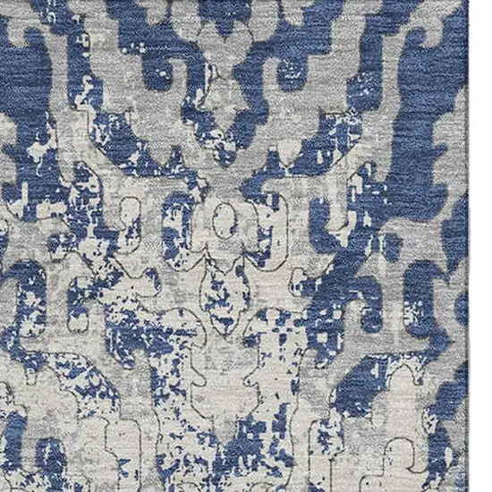 Navy Blue Ivory And Beige Medallion Washable Area Rug With UV Protection Photo 4