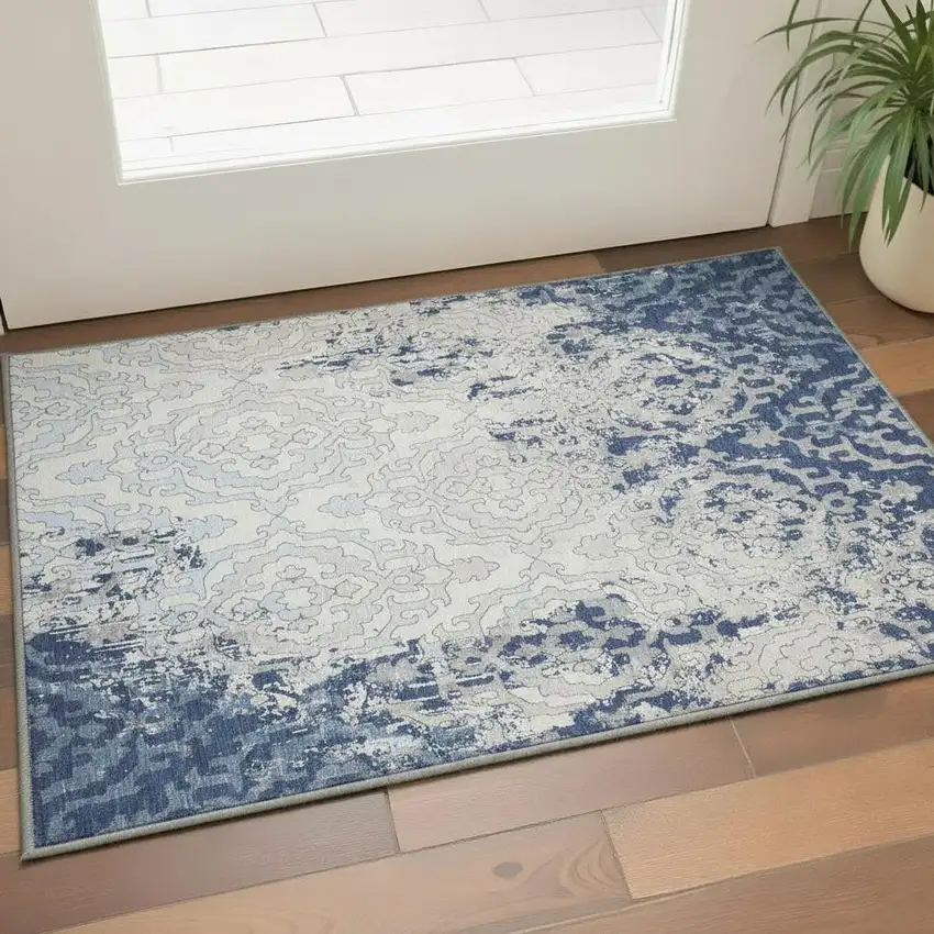 Navy Blue Ivory And Beige Medallion Washable Area Rug With UV Protection Photo 1