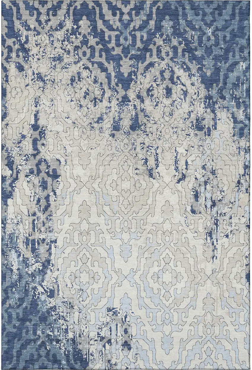 Navy Blue Ivory And Beige Medallion Washable Area Rug With UV Protection Photo 5