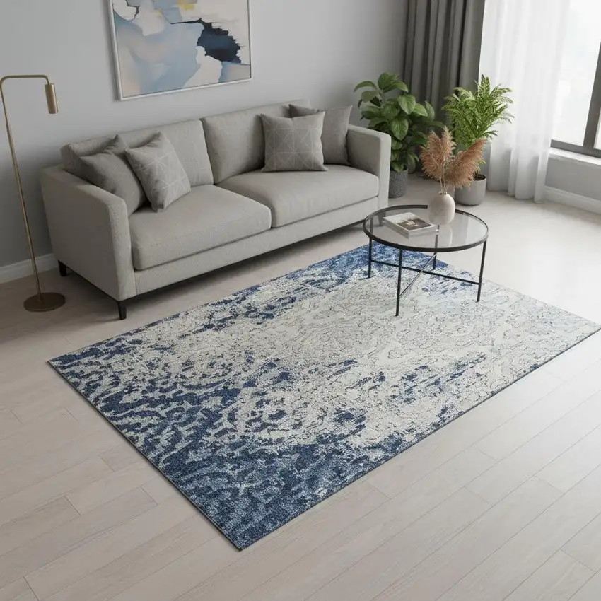 Navy Blue Ivory And Beige Medallion Washable Area Rug With UV Protection Photo 1