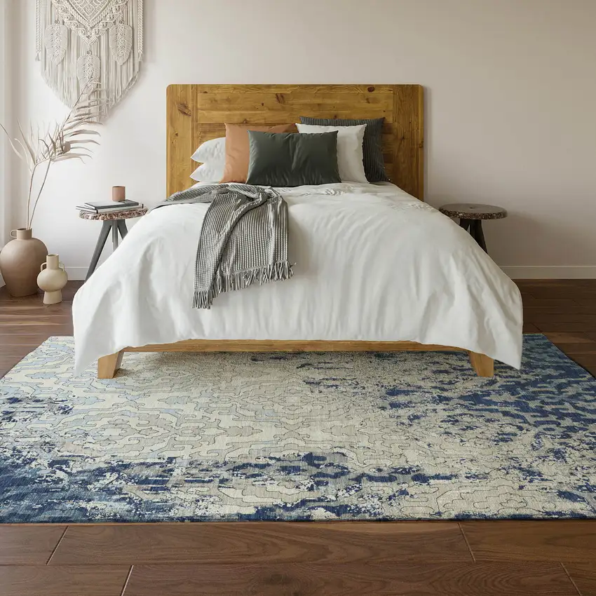 Navy Blue Ivory And Beige Medallion Washable Area Rug With UV Protection Photo 6