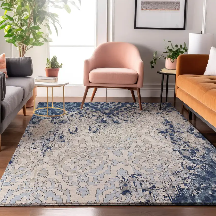 Navy Blue Ivory And Beige Medallion Washable Area Rug With UV Protection Photo 5