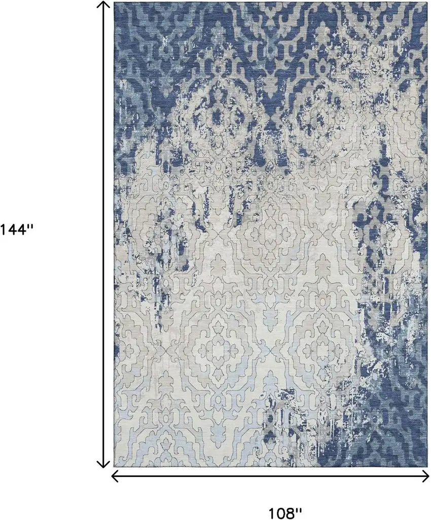 Navy Blue Ivory And Beige Medallion Washable Area Rug With UV Protection Photo 3