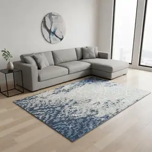 Photo of Navy Blue Ivory And Beige Medallion Washable Area Rug With UV Protection