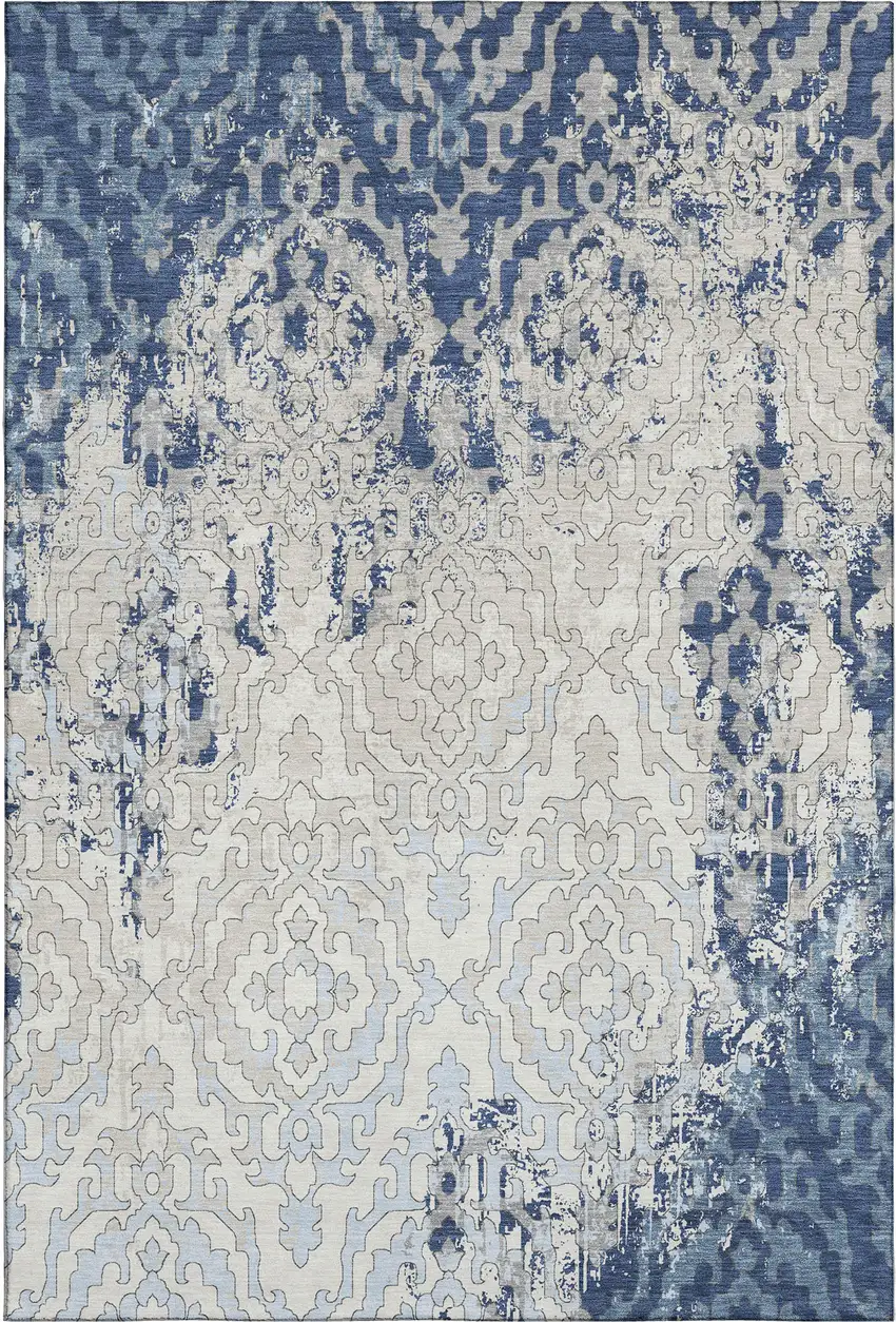 Navy Blue Ivory And Beige Medallion Washable Area Rug With UV Protection Photo 2