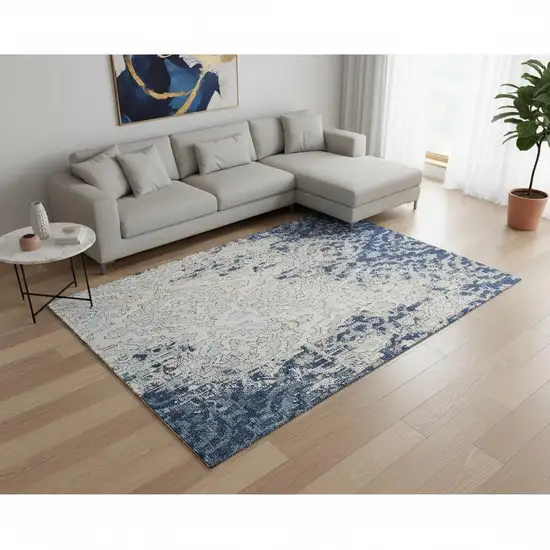 Navy Blue Ivory And Beige Medallion Washable Area Rug With UV Protection Photo 1
