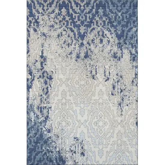 Navy Blue Ivory And Beige Medallion Washable Area Rug With UV Protection Photo 4