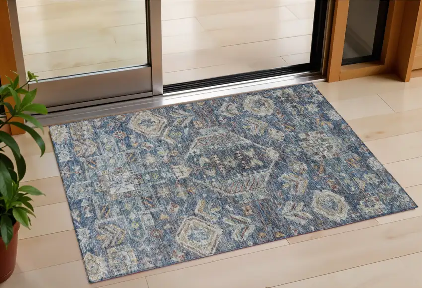 Navy Blue Ivory And Beige Medallion Washable Indoor Outdoor Area Rug Photo 1