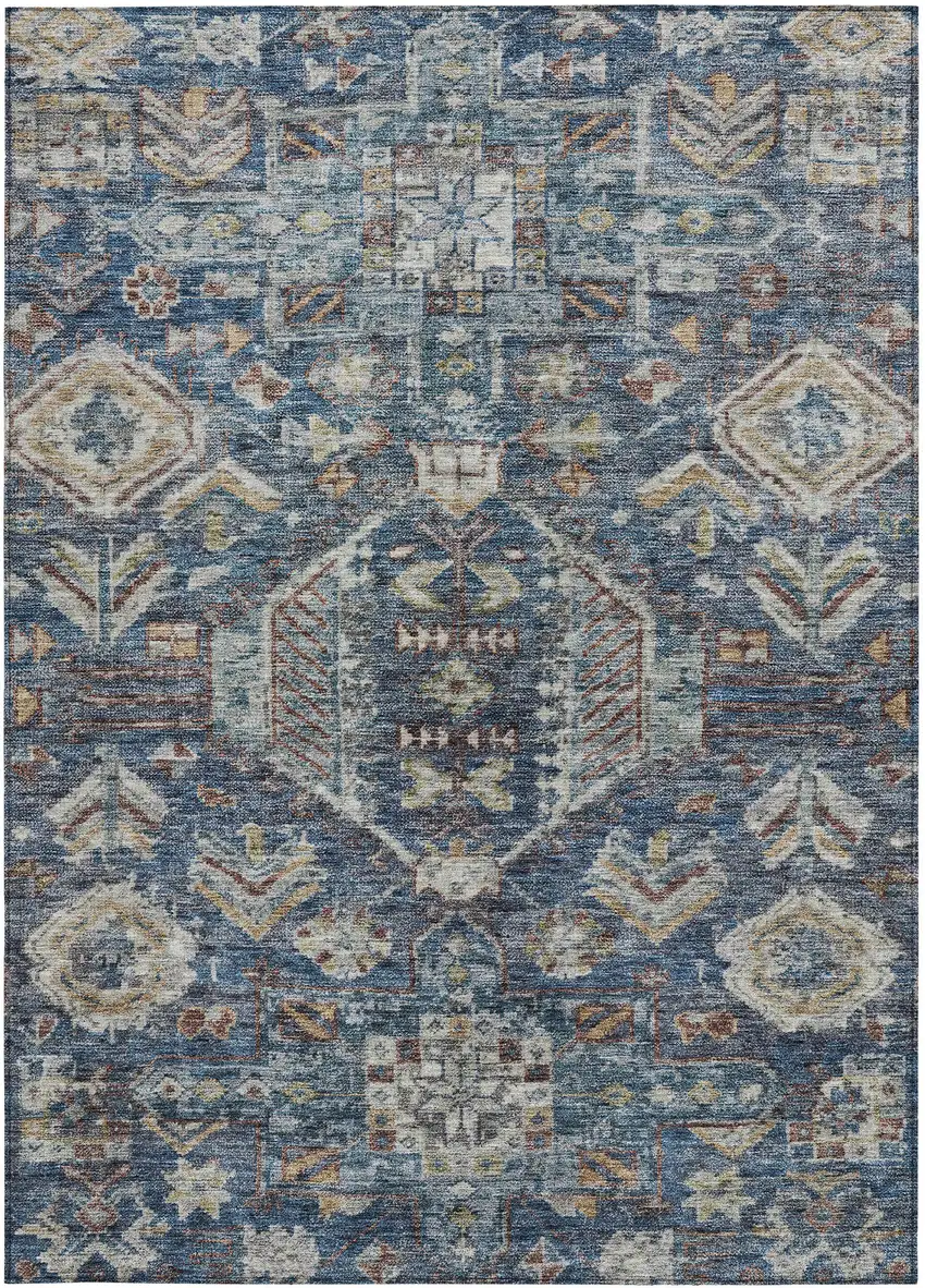 Navy Blue Ivory And Beige Medallion Washable Indoor Outdoor Area Rug Photo 3