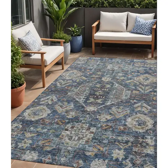 Navy Blue Ivory And Beige Medallion Washable Indoor Outdoor Area Rug Photo 1