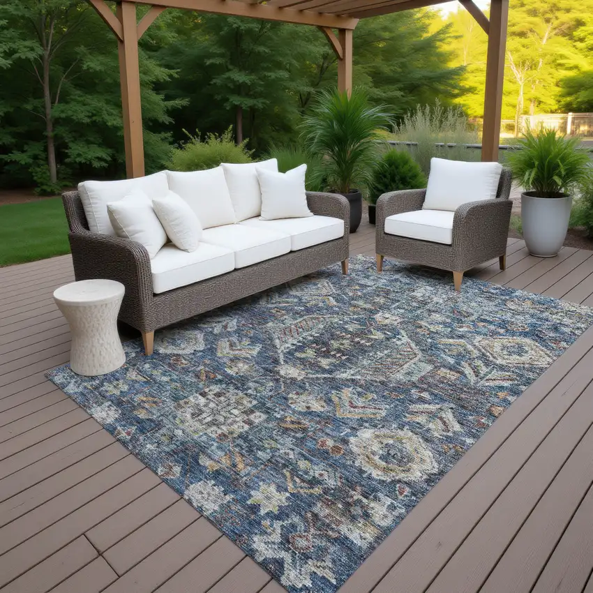 Navy Blue Ivory And Beige Medallion Washable Indoor Outdoor Area Rug Photo 7
