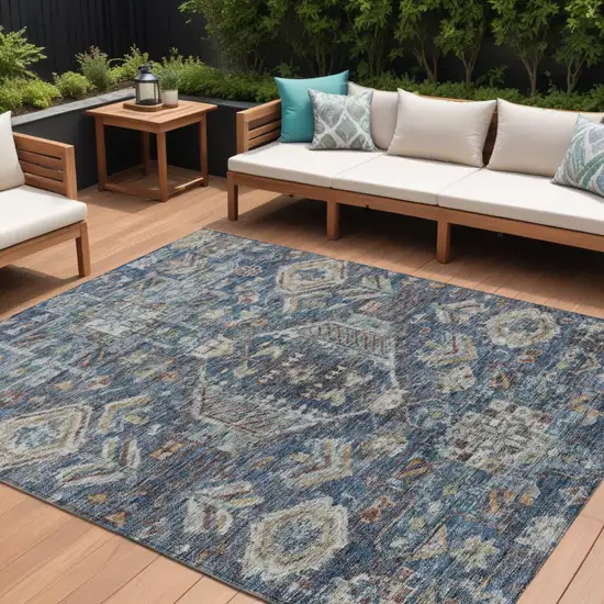 Navy Blue Ivory And Beige Medallion Washable Indoor Outdoor Area Rug Photo 1