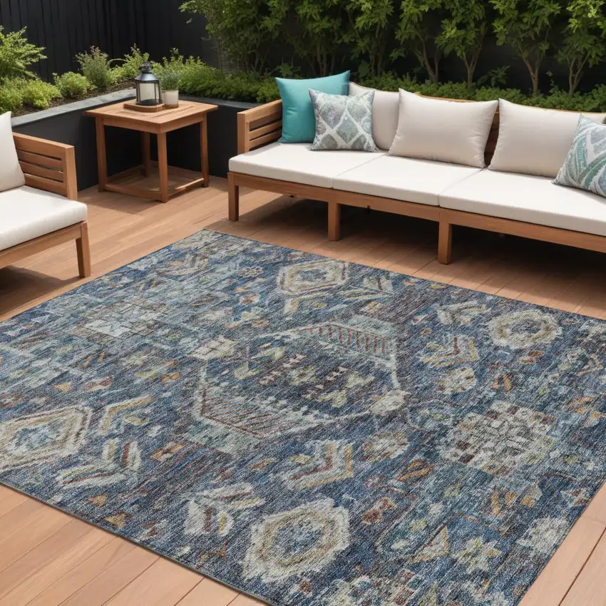 Navy Blue Ivory And Beige Medallion Washable Indoor Outdoor Area Rug Photo 1
