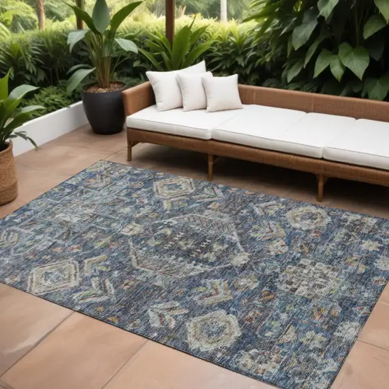 Navy Blue Ivory And Beige Medallion Washable Indoor Outdoor Area Rug Photo 1