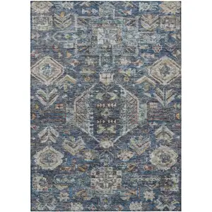 Photo of Navy Blue Ivory And Beige Medallion Washable Indoor Outdoor Area Rug