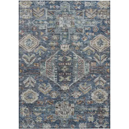 Navy Blue Ivory And Beige Medallion Washable Indoor Outdoor Area Rug Photo 1