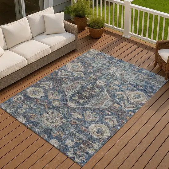 Navy Blue Ivory And Beige Medallion Washable Indoor Outdoor Area Rug Photo 4