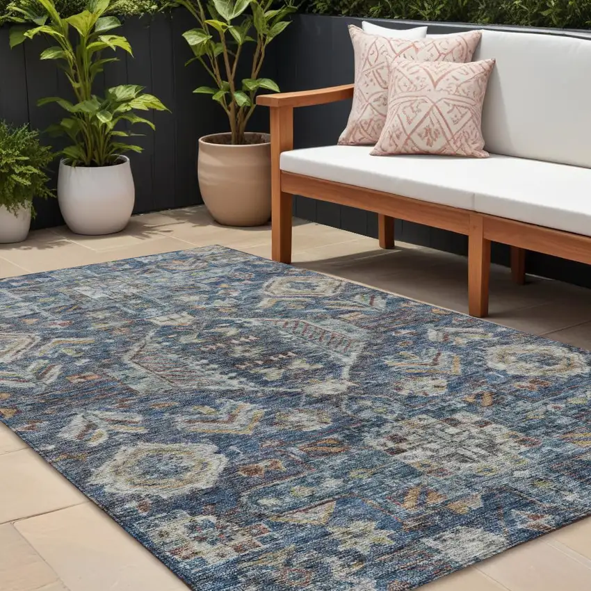 Navy Blue Ivory And Beige Medallion Washable Indoor Outdoor Area Rug Photo 1