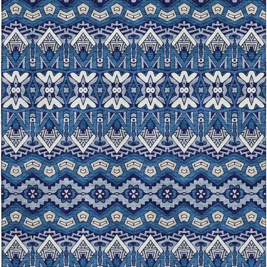 Navy Blue Ivory And Beige Moroccan Washable Area Rug With UV Protection Photo 4