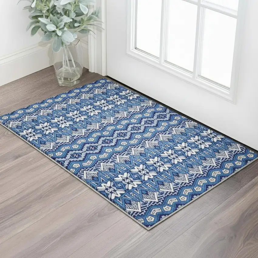 Navy Blue Ivory And Beige Moroccan Washable Area Rug With UV Protection Photo 2