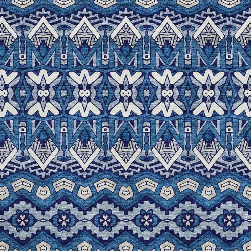 Navy Blue Ivory And Beige Moroccan Washable Area Rug With UV Protection Photo 3