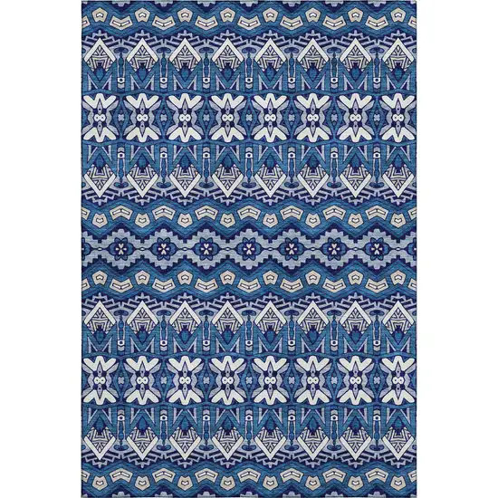 Navy Blue Ivory And Beige Moroccan Washable Area Rug With UV Protection Photo 1