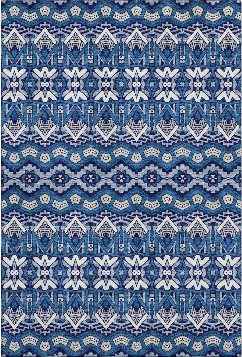 Navy Blue Ivory And Beige Moroccan Washable Area Rug With UV Protection Photo 1