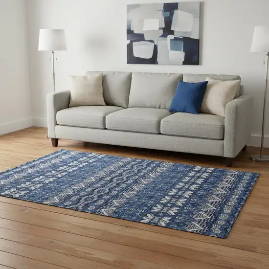 Navy Blue Ivory And Beige Moroccan Washable Area Rug With UV Protection Photo 2