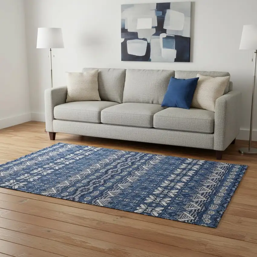 Navy Blue Ivory And Beige Moroccan Washable Area Rug With UV Protection Photo 2