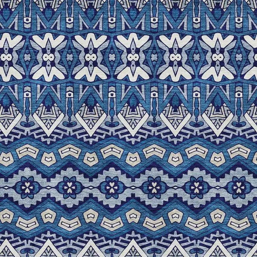 Navy Blue Ivory And Beige Moroccan Washable Area Rug With UV Protection Photo 3