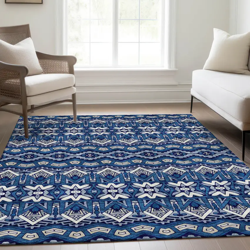 Navy Blue Ivory And Beige Moroccan Washable Area Rug With UV Protection Photo 6