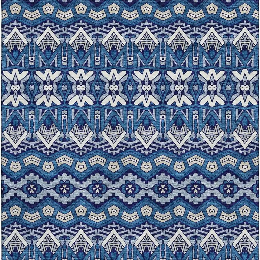 Navy Blue Ivory And Beige Moroccan Washable Area Rug With UV Protection Photo 3
