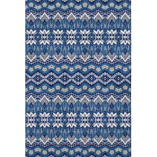 Navy Blue Ivory And Beige Moroccan Washable Area Rug With UV Protection Photo 4
