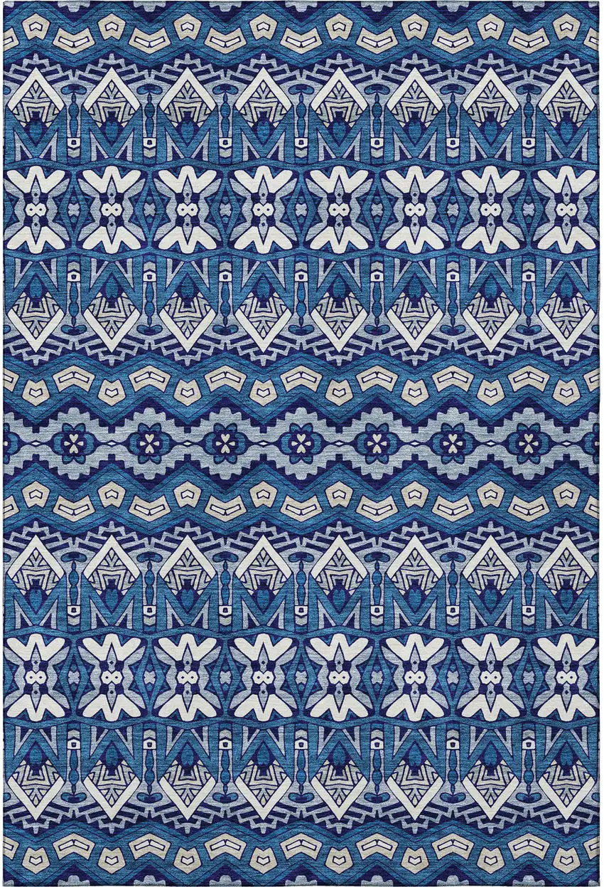 Navy Blue Ivory And Beige Moroccan Washable Area Rug With UV Protection Photo 4