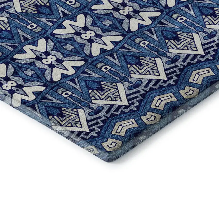 Navy Blue Ivory And Beige Moroccan Washable Area Rug With UV Protection Photo 8