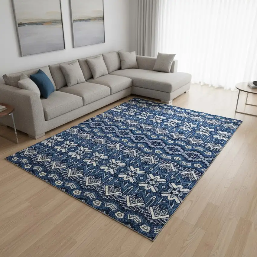 Navy Blue Ivory And Beige Moroccan Washable Area Rug With UV Protection Photo 2