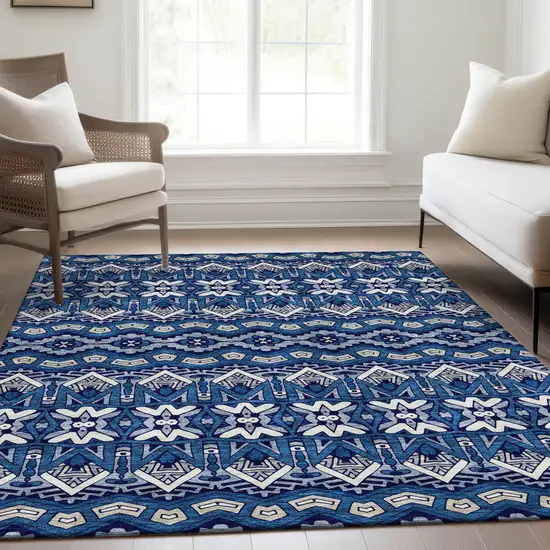 Navy Blue Ivory And Beige Moroccan Washable Area Rug With UV Protection Photo 6