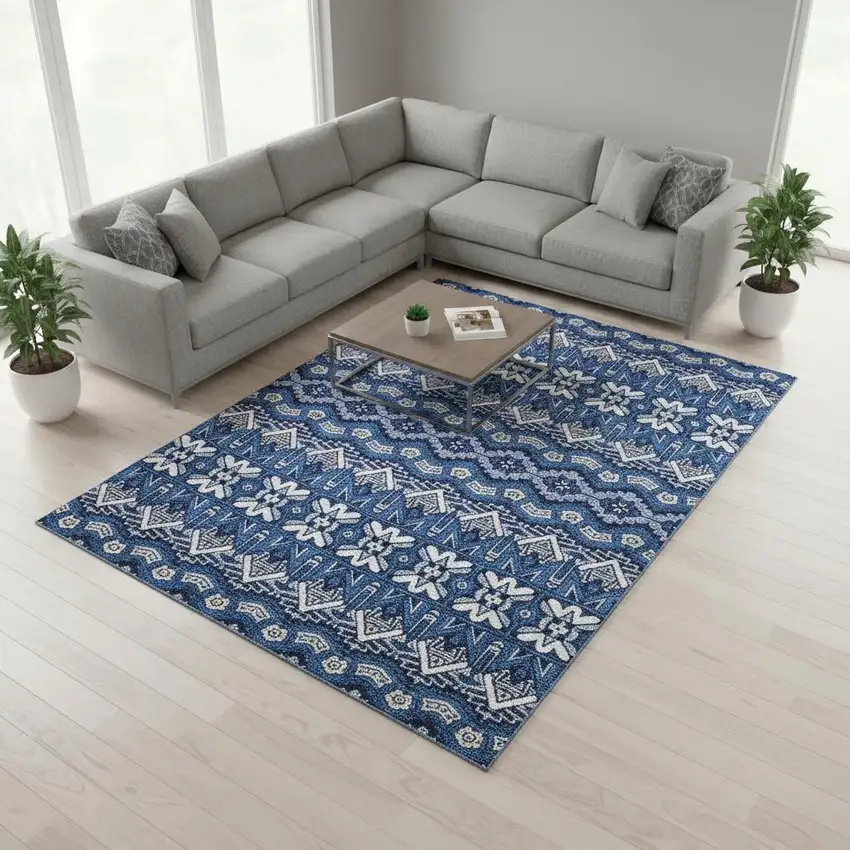 Navy Blue Ivory And Beige Moroccan Washable Area Rug With UV Protection Photo 2