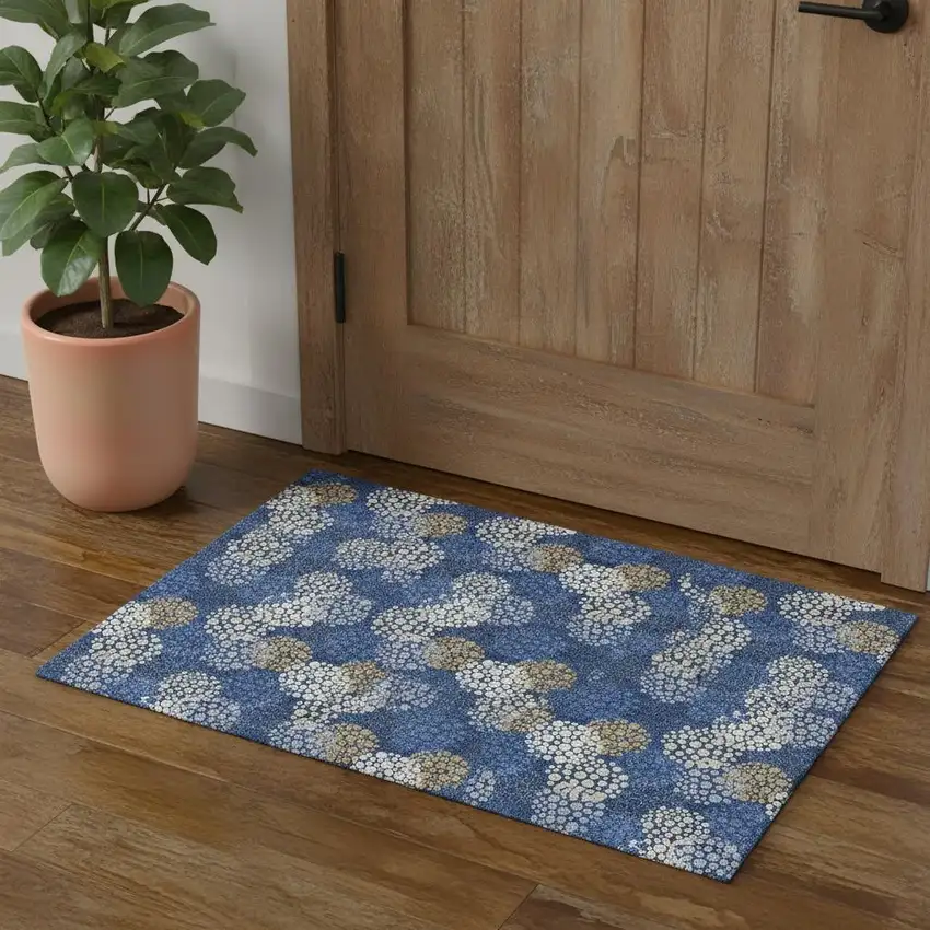 Navy Blue Ivory And Beige Polka Dot Washable Area Rug With UV Protection Photo 1