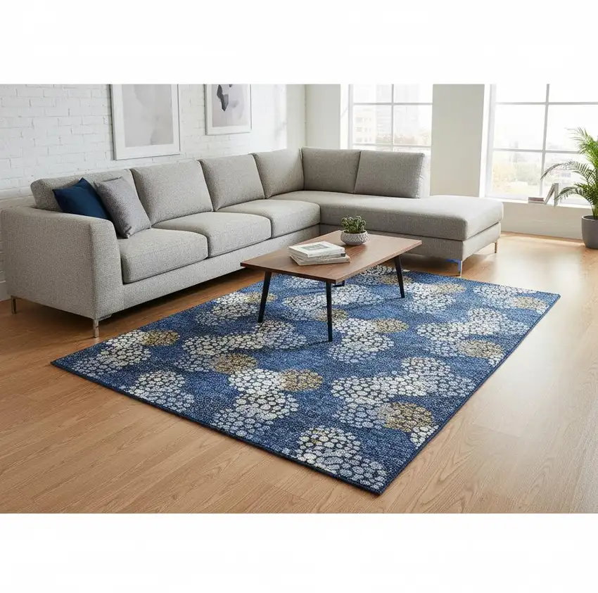 Navy Blue Ivory And Beige Polka Dot Washable Area Rug With UV Protection Photo 2