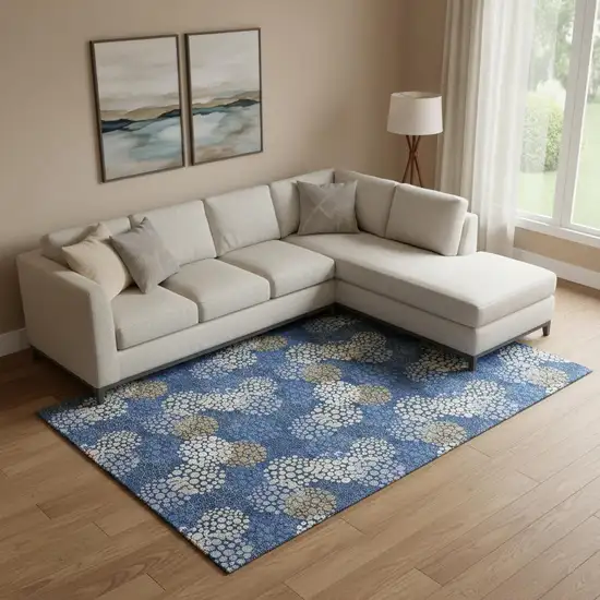 Navy Blue Ivory And Beige Polka Dot Washable Area Rug With UV Protection Photo 1